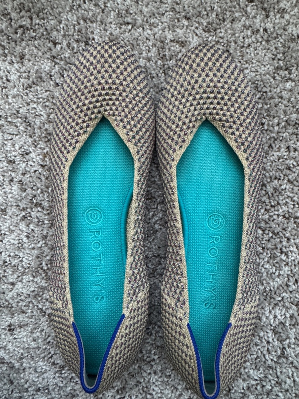 Rothy's Tan & Brown Knit Ballet Flats with Teal Insole